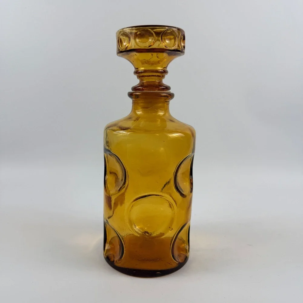 Vintage Empoli Amber Embossed Circle Glass Decanter Original Stopper Italy
